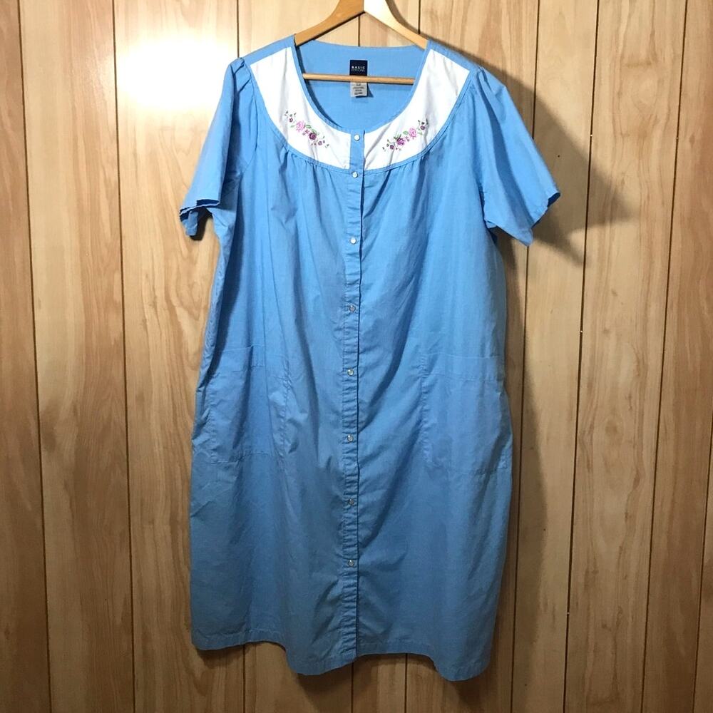 Basic Editions Vintage Blue Floral Embroidered Snap Front Duster House Dress L